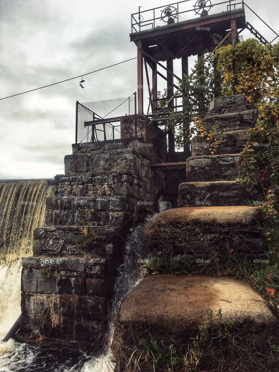 Water mill dam stairs Plattsburgh in October 