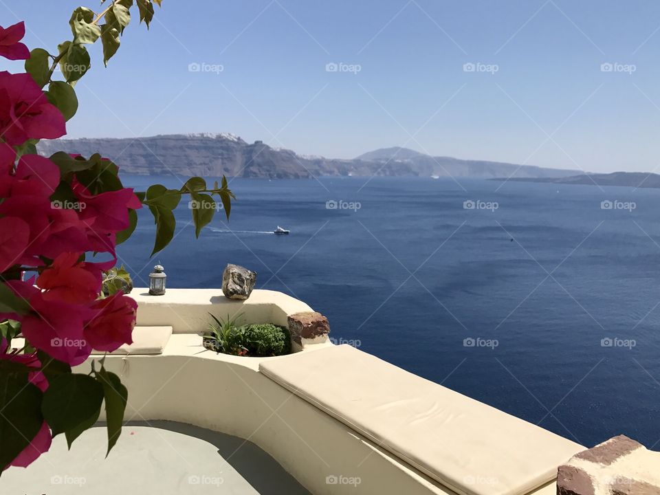 Balcony view of Santorini’s caldera