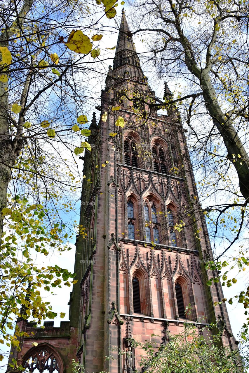 The spire of the old cathedral ruins in Coventry 