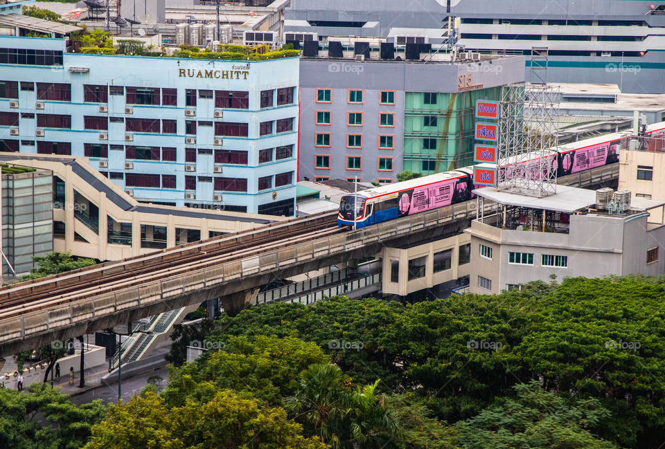 The Skytrain and the Cityscape of the Metropolis City Bangkok in Thailand Southeast Asia