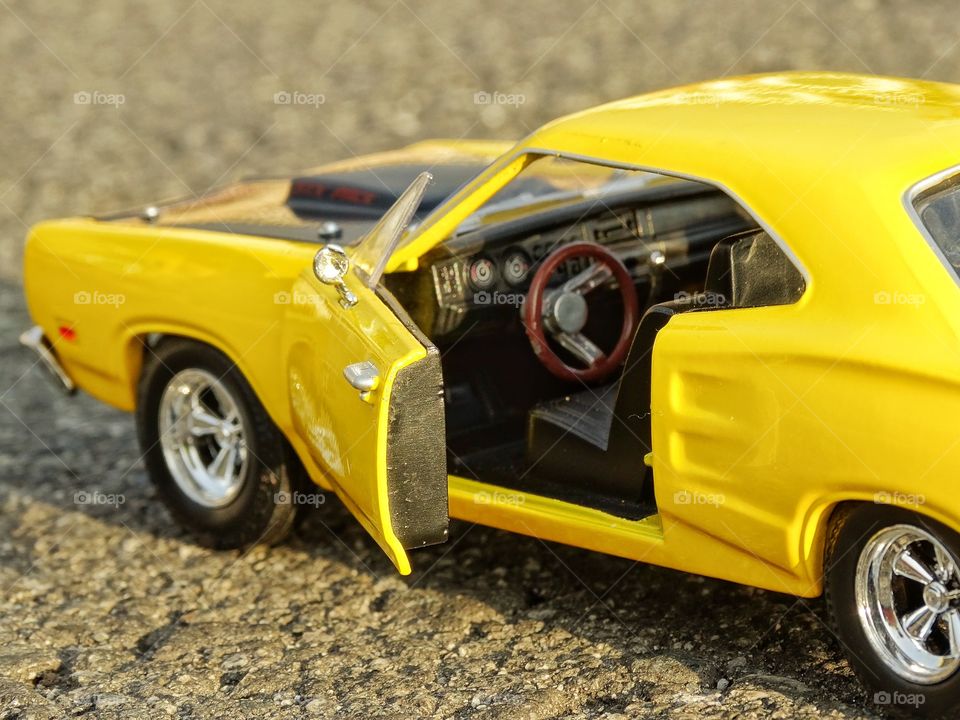 Yellow Toy Car. Die-Cast Metal Replica Of 1969 Dodge Coronet Muscle Car
