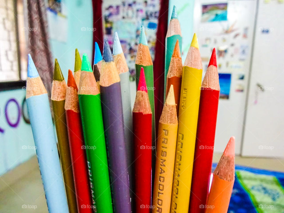 flat lay of colorful pencils for art, craft, drawing