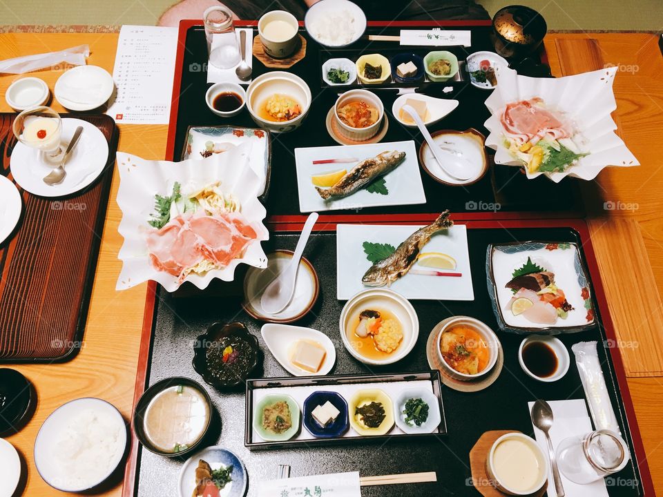 Set meal for two at a ryokan (Japanese style inn). 

(Note in this photo some lids/covers have been removed) 