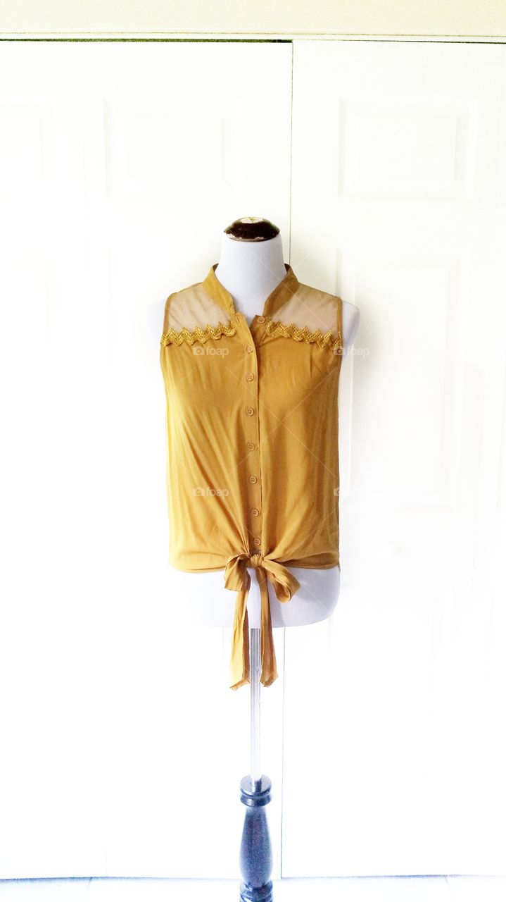 Yellow Mustard Tie Front Sleeveless Lace Button Down Blouse. Fun Fashion Finds.