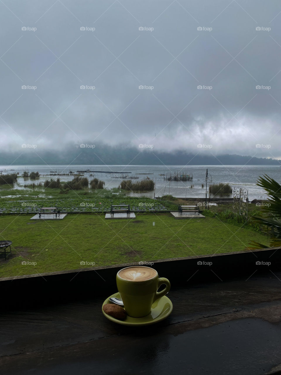 My favorite mug and latte. With my favorite lake view 