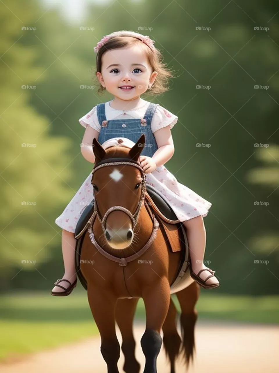 Beautiful baby girl happy riding a horse