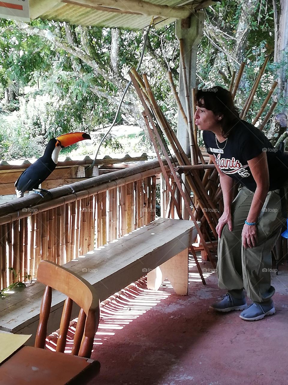 woman try to speak with tucan .