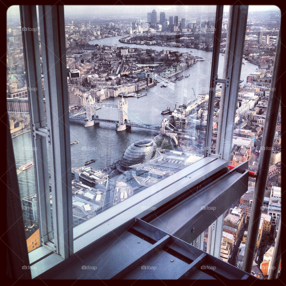View from the shard towards docklands with tower bridge