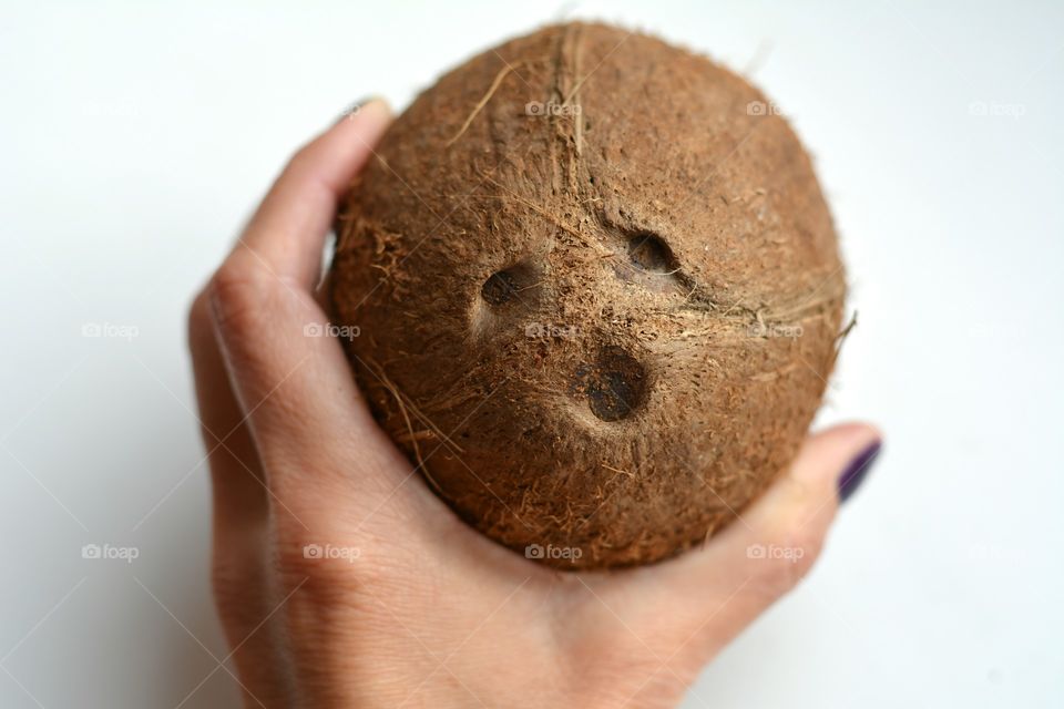 coconut in the hand white background