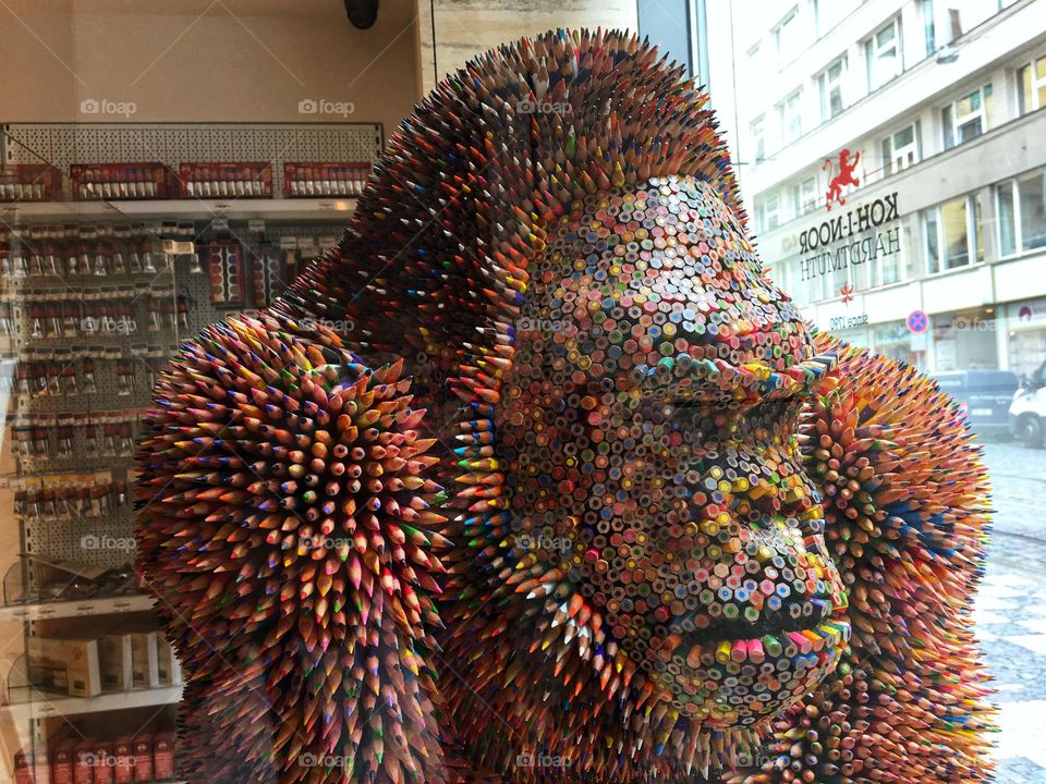 Model of a gorilla made entirely from colourful pencils 