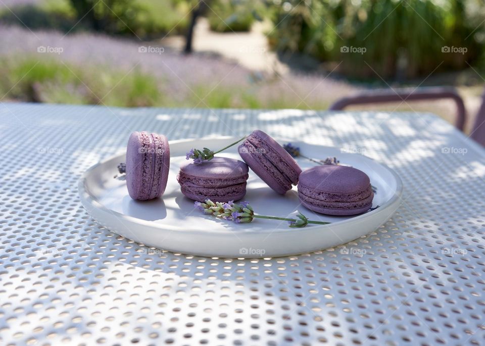 Lavender macarons in lavender garden 