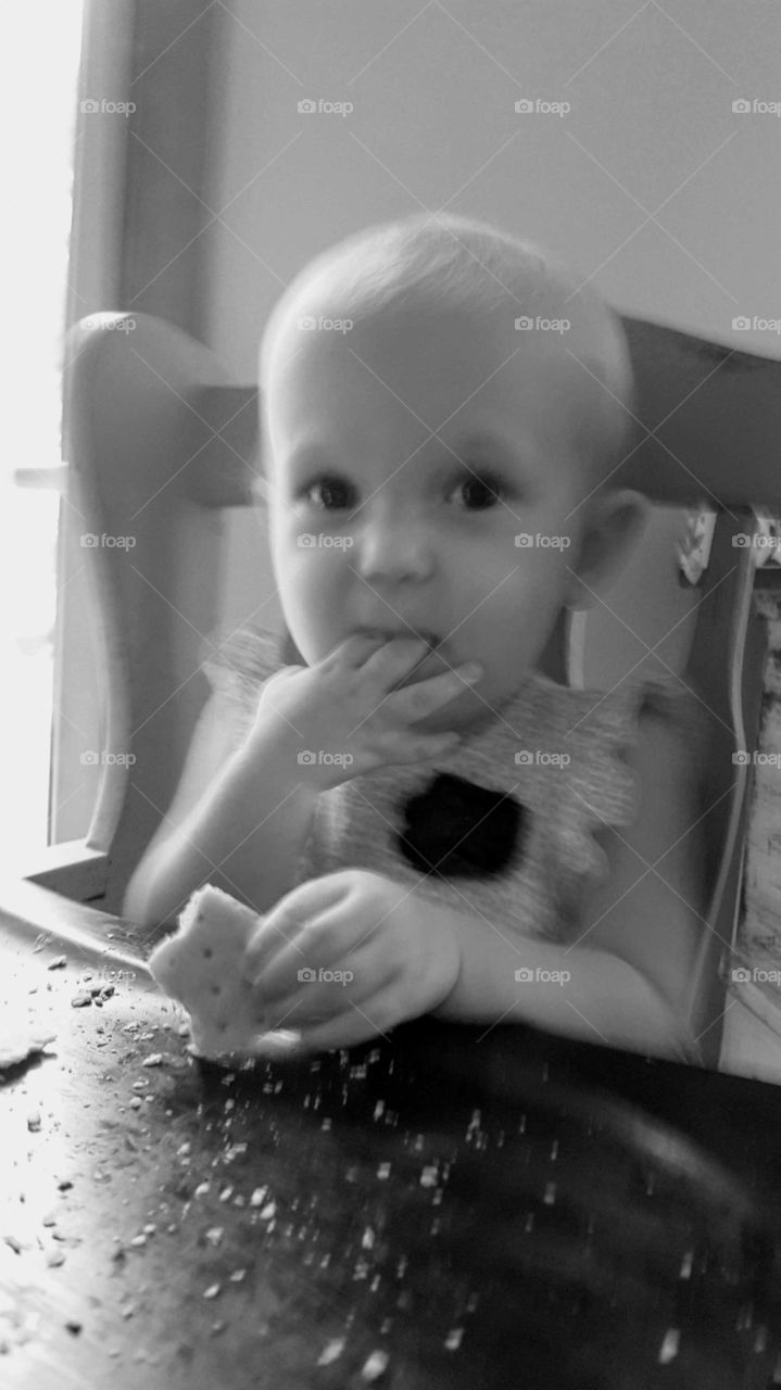 baby girl eating crackers in highchair