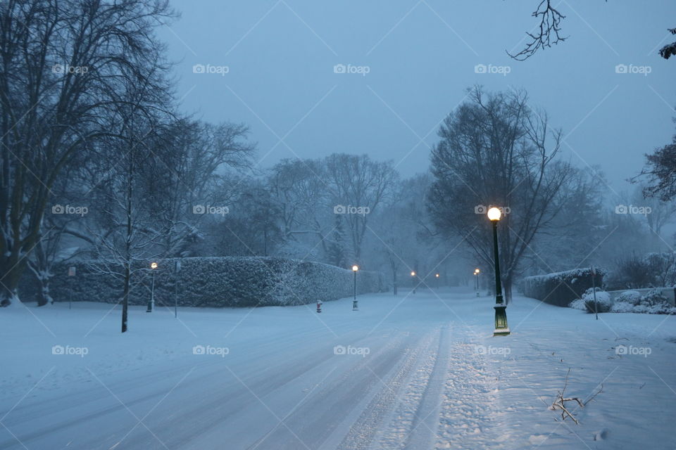 Street covered with snow in a  cold December night