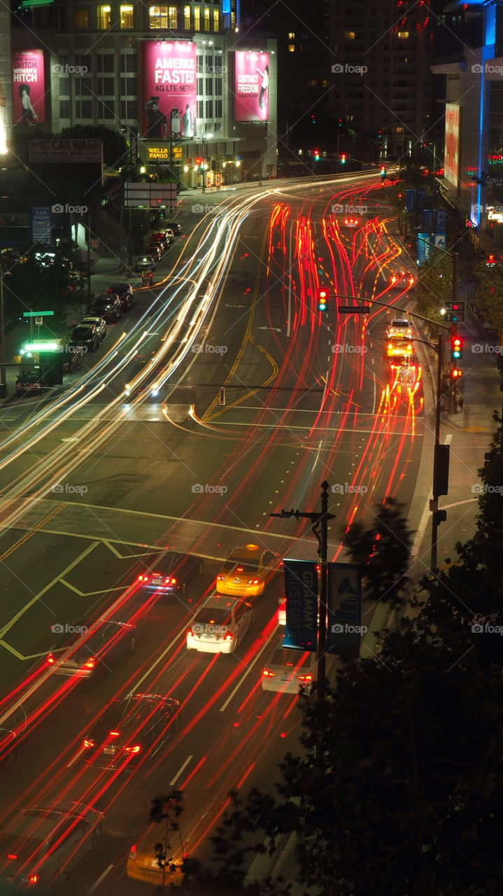 Night city scene, downtown LA. Downtown Los Angeles night lights and motion scene
