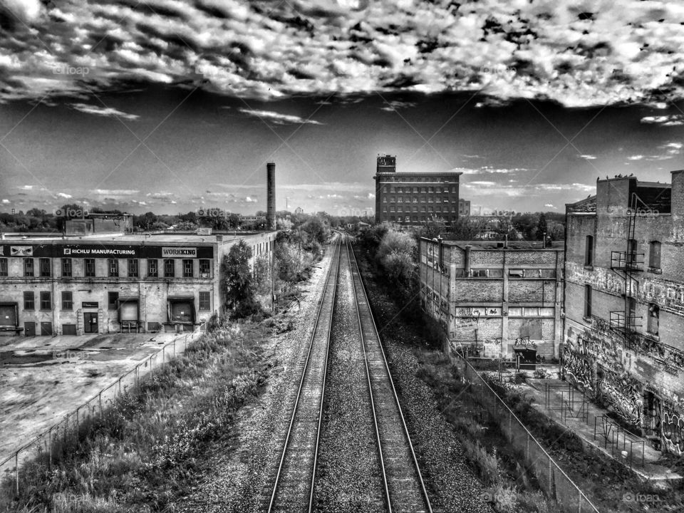 Black and white,train,rail ,buildings 