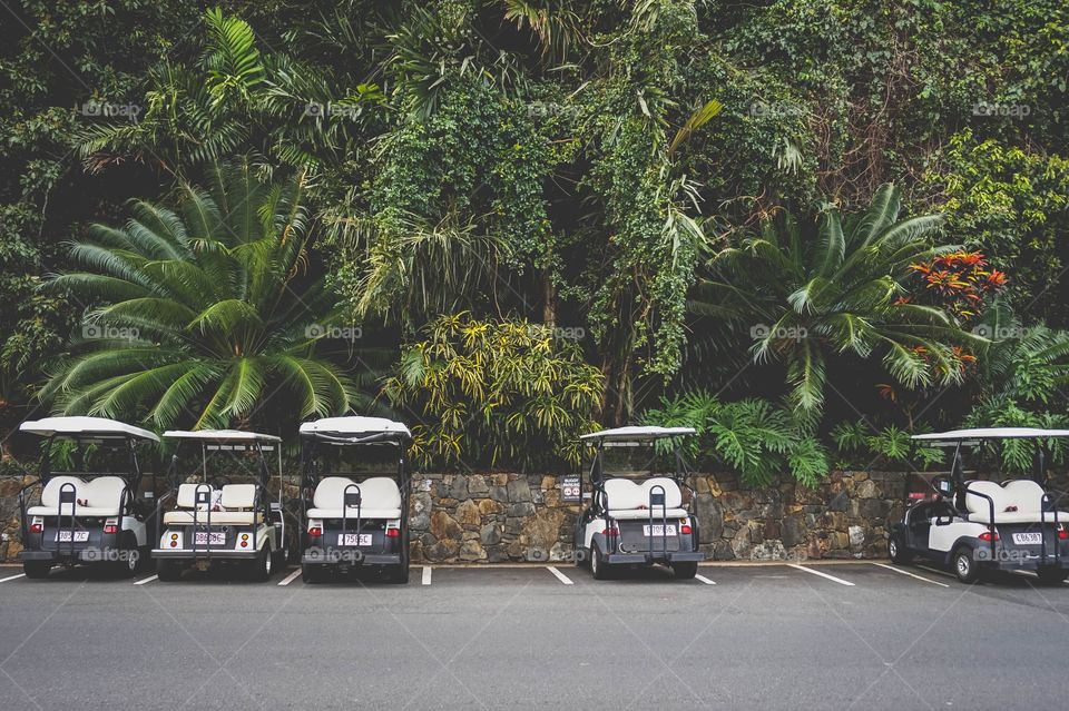 Golf buggy parking on the car-free Hamilton Island, Queensland, Australia