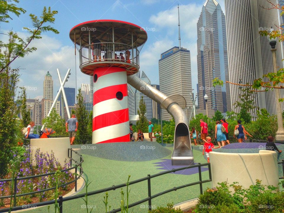 Maggie Daley park. Kids playing at the park