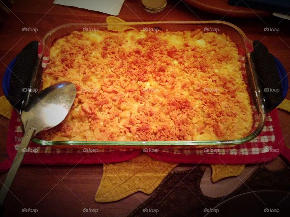 Who's hungry? . Baked macaroni and cheese for dinner - yellow mission