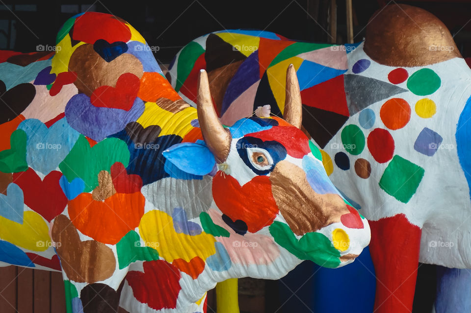 Colorfully painted life size bulls found in George Town, Malaysia 