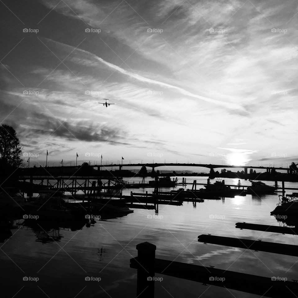 Black and white warm sunset of Vancouver on a summer evening