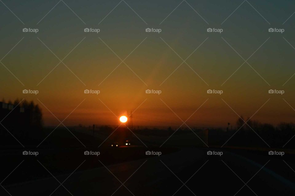 Golden hour during sunrise  on the expressway in Poland