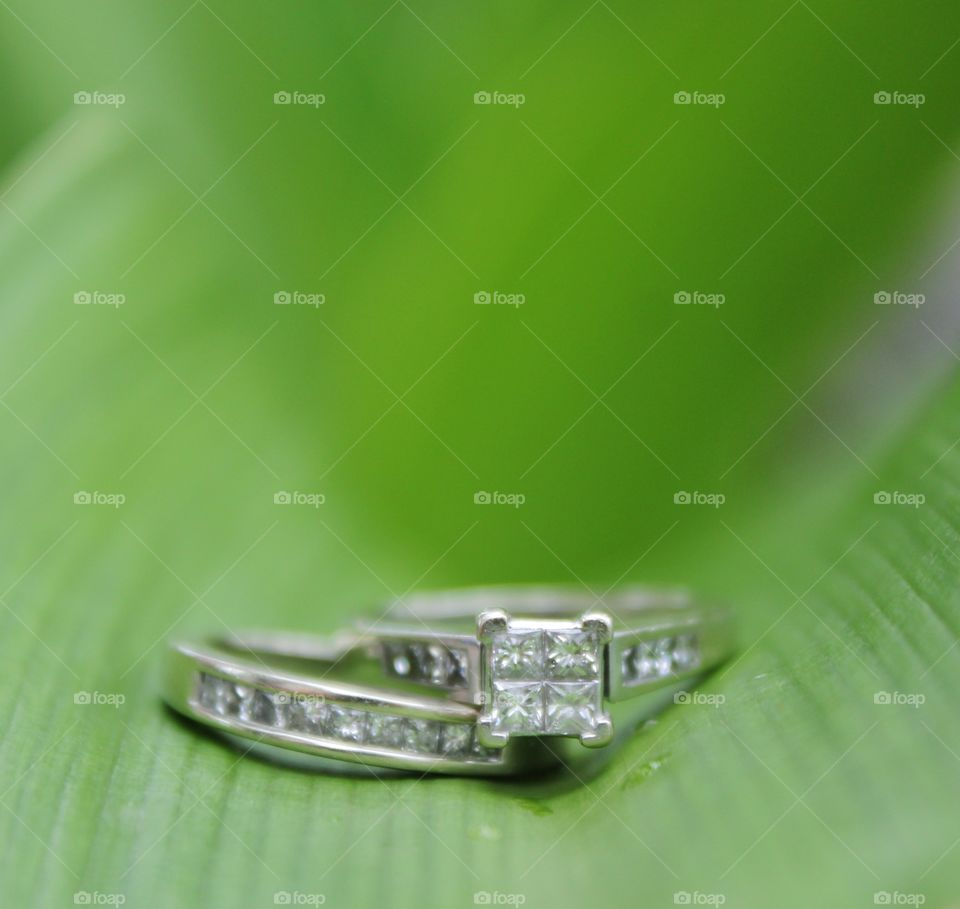 Simple photo of wedding rings inside of a leaf