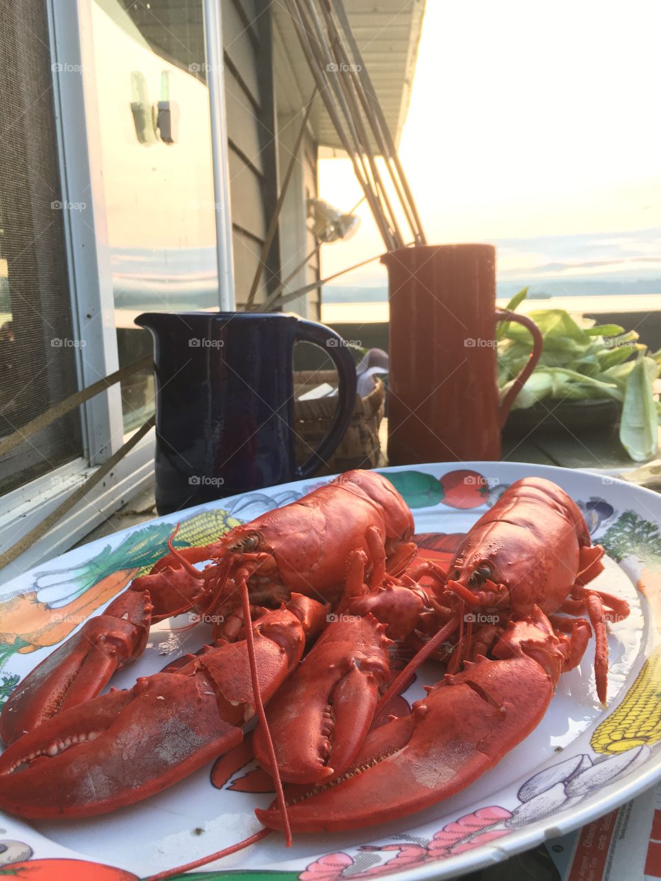 Cooked lobster on plate outdoors, lake in background 