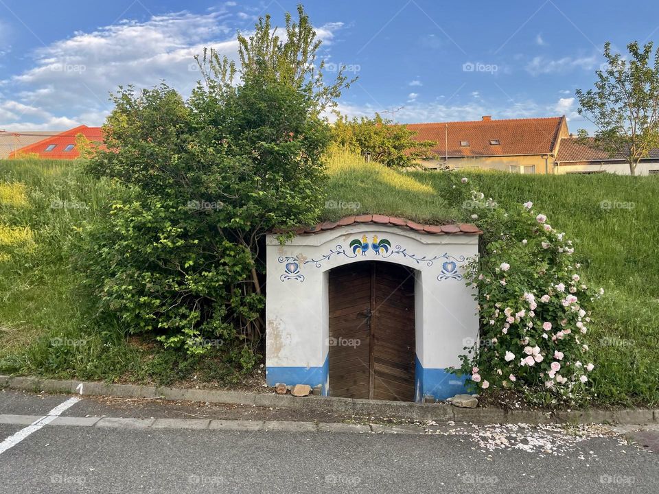 Lednice, Czech Republic - June 2 2022: Entrance to the traditional wine cellar from the South Moravian region of the Czech republic in Lednice. Europe.