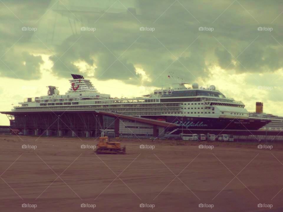 German cruiseship in Russia.. In the harbor in St. Petersburg lies a German cruiseship.