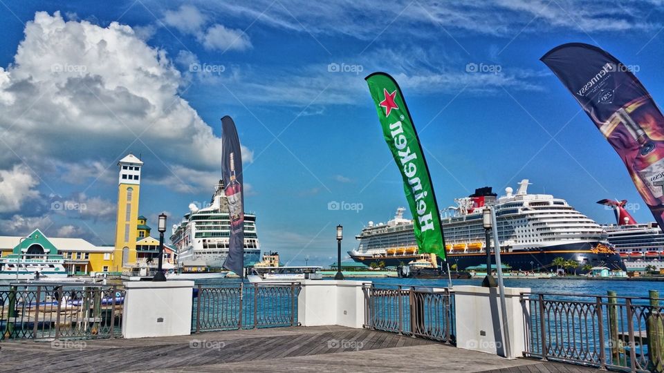 Cool flags blowing..discovered this patio and thought it was a great place to get a picture of the ships with these flags..Nassau Bahamas