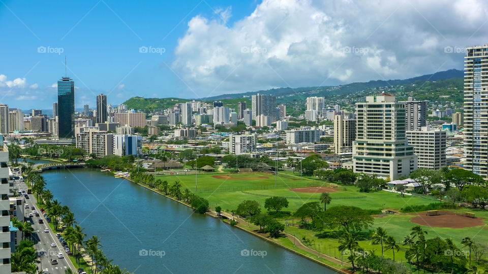 Honolulu Waikiki Hawaii above the Ala Wai canal 