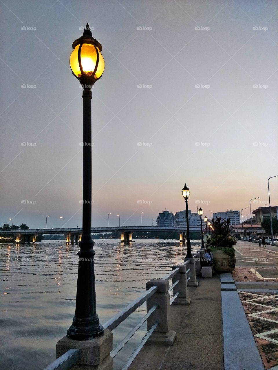 the city riverside in the evening.