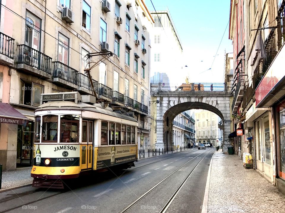 A traditional old turist tram in Lisbon Portugal