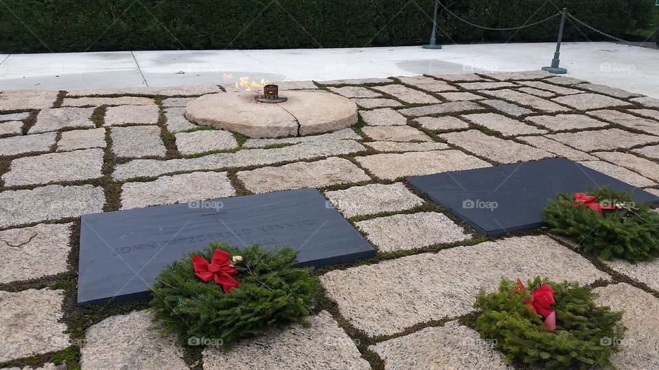 Late President John F. Kennedy's grave and eternal flame in Arlington National Cemetery during the holidays. 2015.
