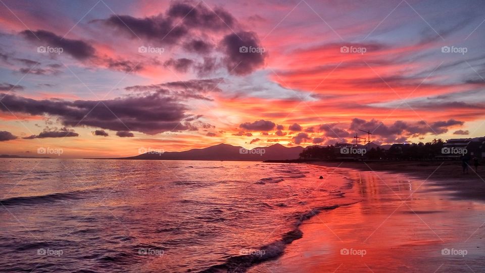 red sunset on lanzarote canary island in Spain