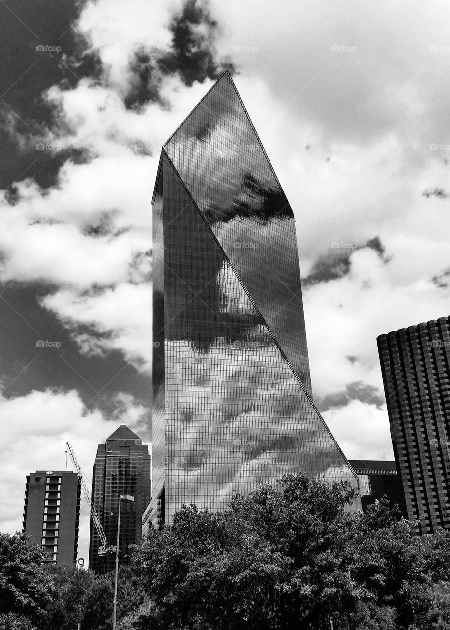 Mirrored Skyscraper in downtown Dallas Texas in Black & White on a cloudy day