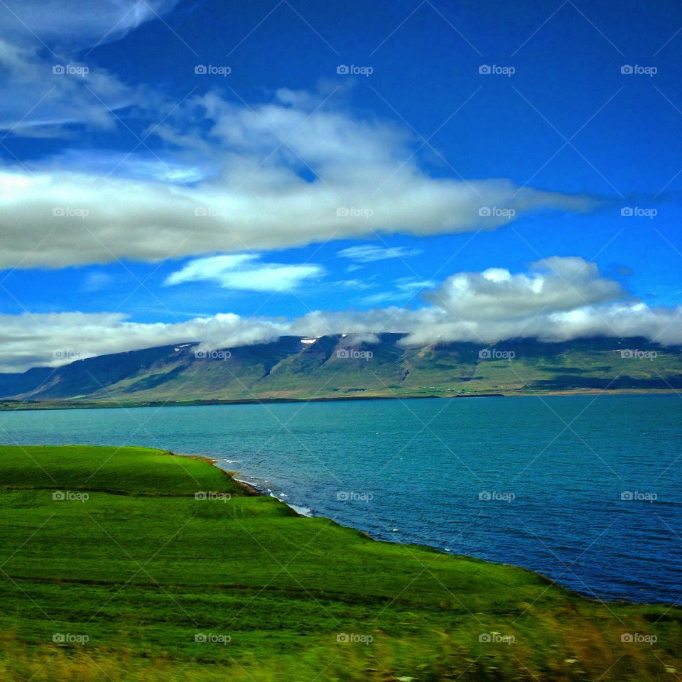 Ocean and mountain. Driving in Iceland