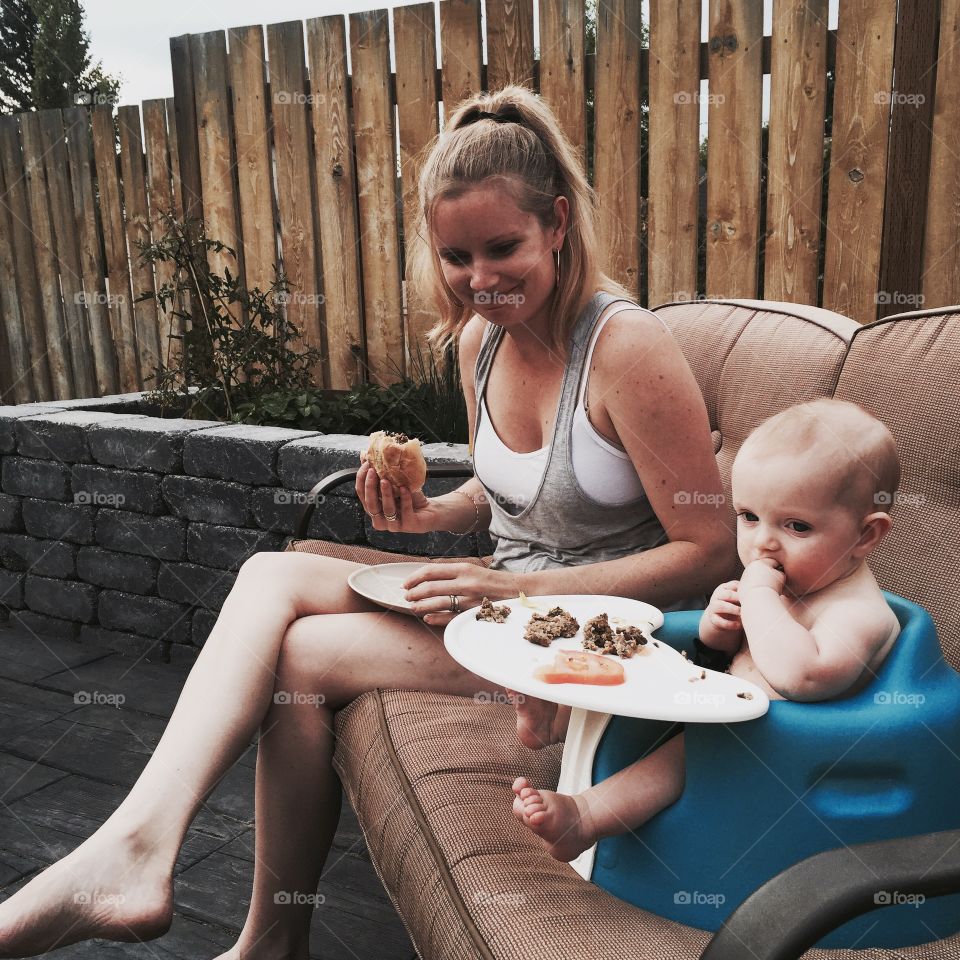 Burgers outside. It's definitely easier to eat outside with a baby