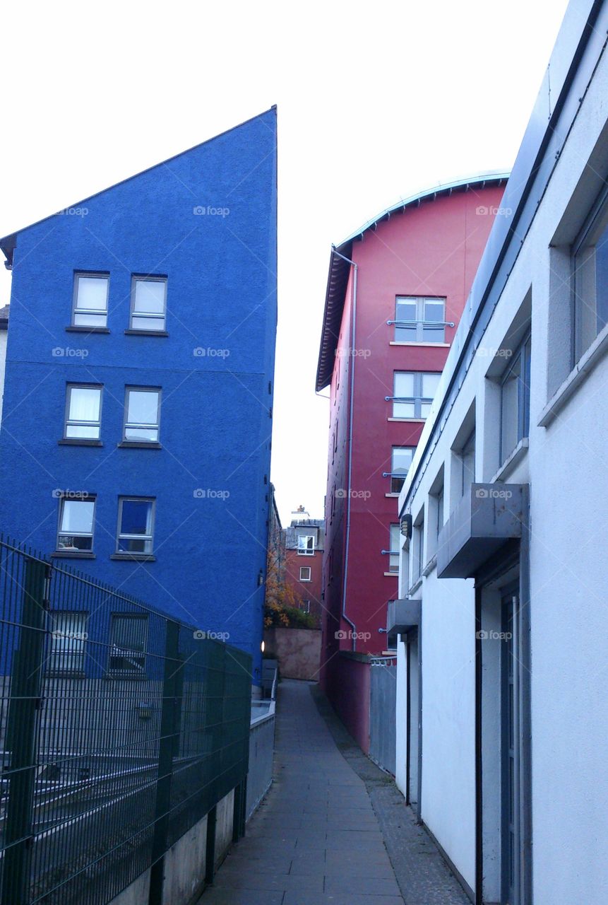 Red and blue buildings