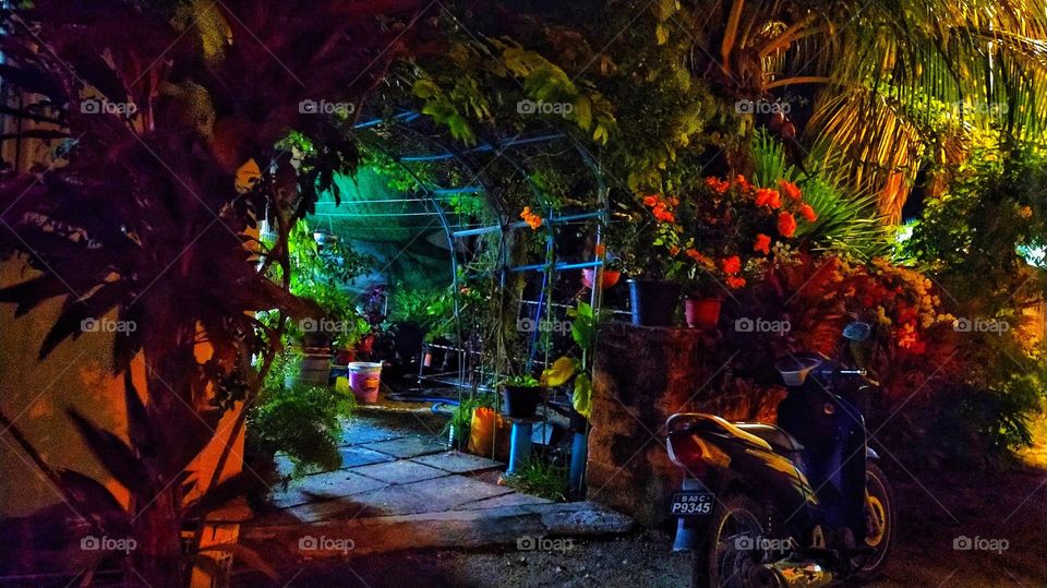 Entrance of a house in Fuvahmulah island, Maldives captured at night.