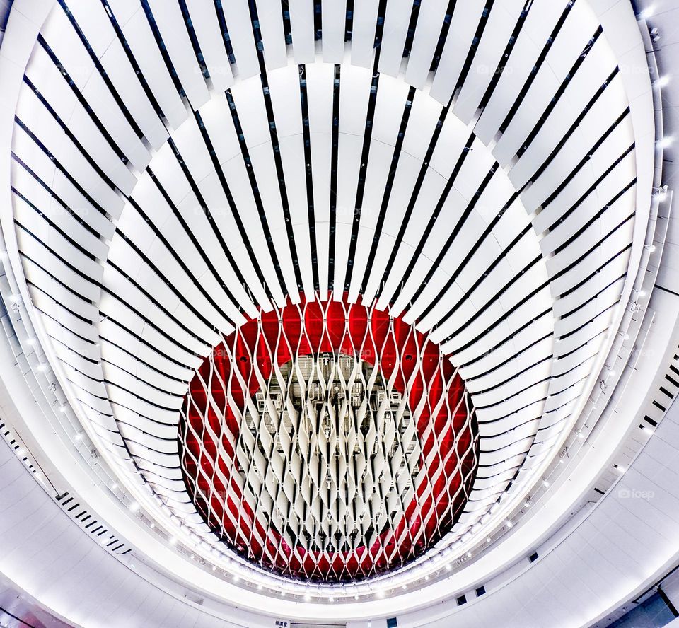The iconic ceiling of the landmark Xiqu Centre in Hong Kong, the modern venue for classic Chinese and Cantonese Opera in the city