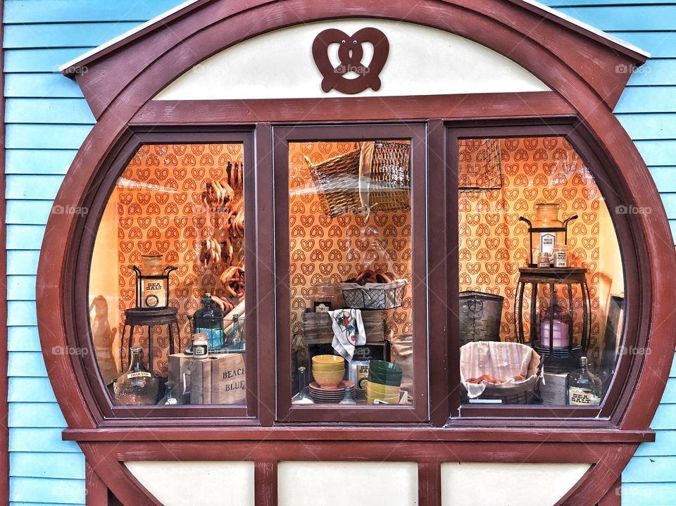 through the window of a pretzel factory 