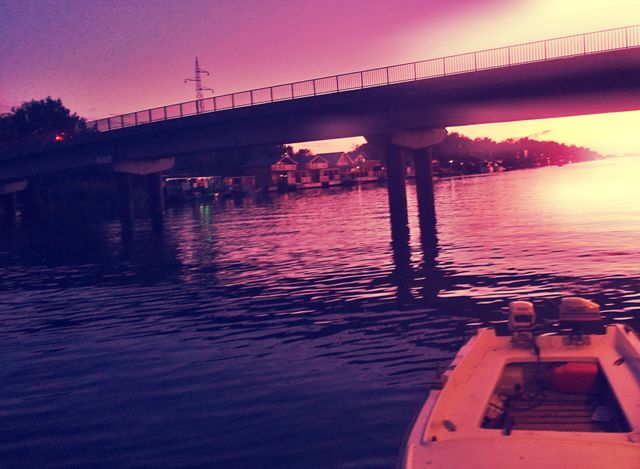 river, bridge, boat and sunset