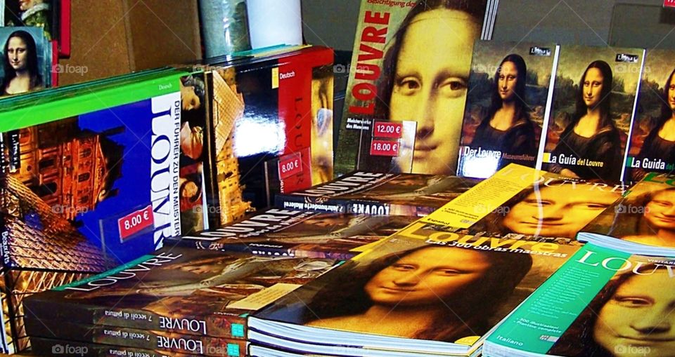 Mona Lisa books on display at the Louvre in Paris, France 