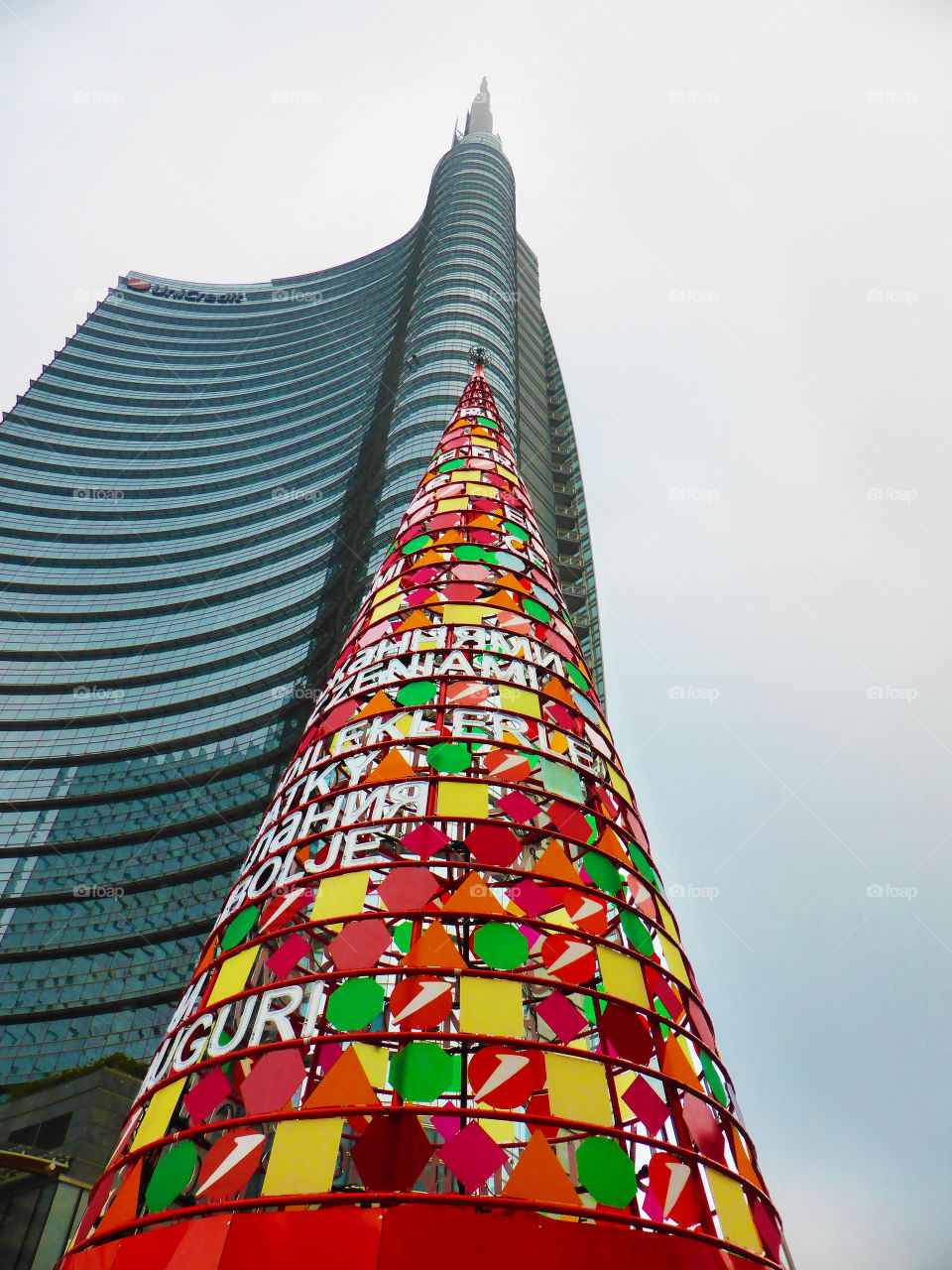 Urban christmans tree under the skyscraper in Milan,Italy