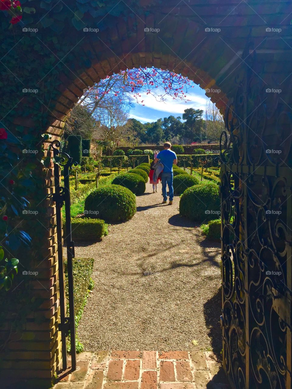 Couple strolls through garden at Filoli House and Gardens in Woodside, California.