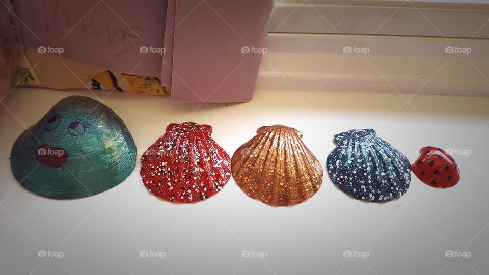 Colorful painted Shells on display