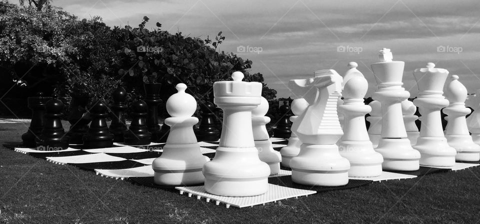 Black and white chess game in Puerto Rico, playing large outdoor games, large lawn games on the beach, games in paradise 