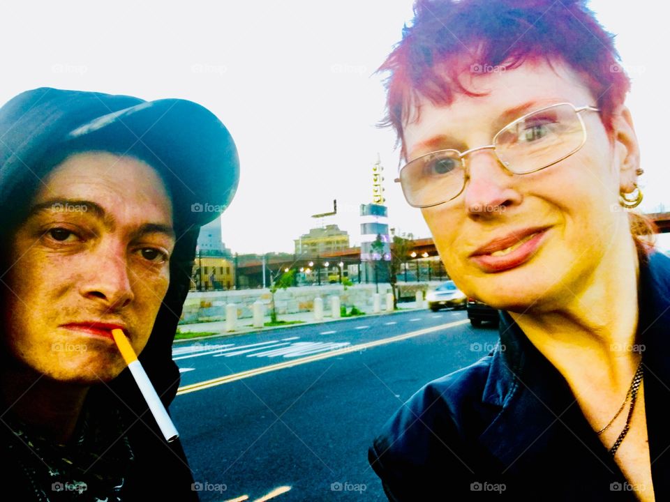My friend and I on Borden Avenue near the Pulaski Bridge in Long Island City in Queens, New York photographed in the Spring of 2019. Hypnotic Productions