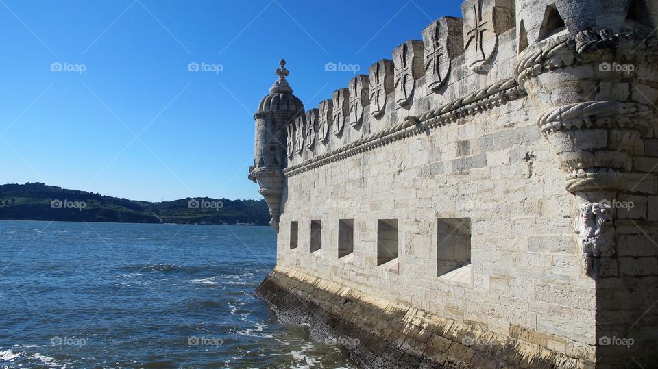 Side of the Torre de Belem in Lisbon,  Portugal